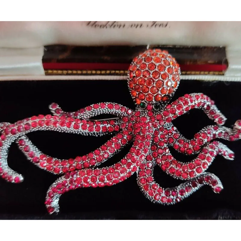 Vintage Style Octopus Brooch Red Crystal Silver Tone Art Deco Sea Life Pin