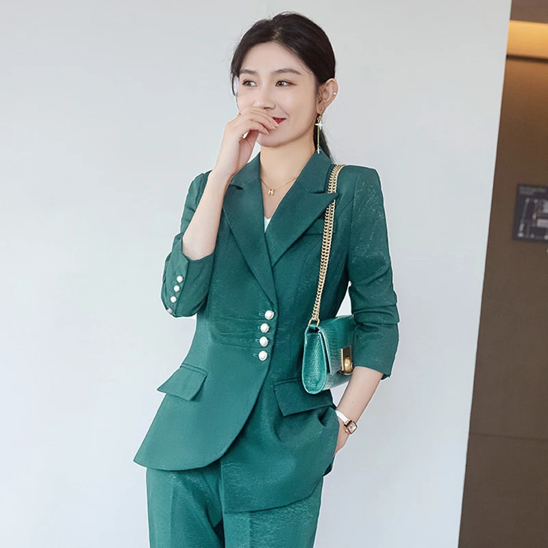 Autumn Winter Long Sleeve Women Formal Pant Suit Female Ladies Green Black Business Work Wear 2 Piece Set Blazer And Trouser