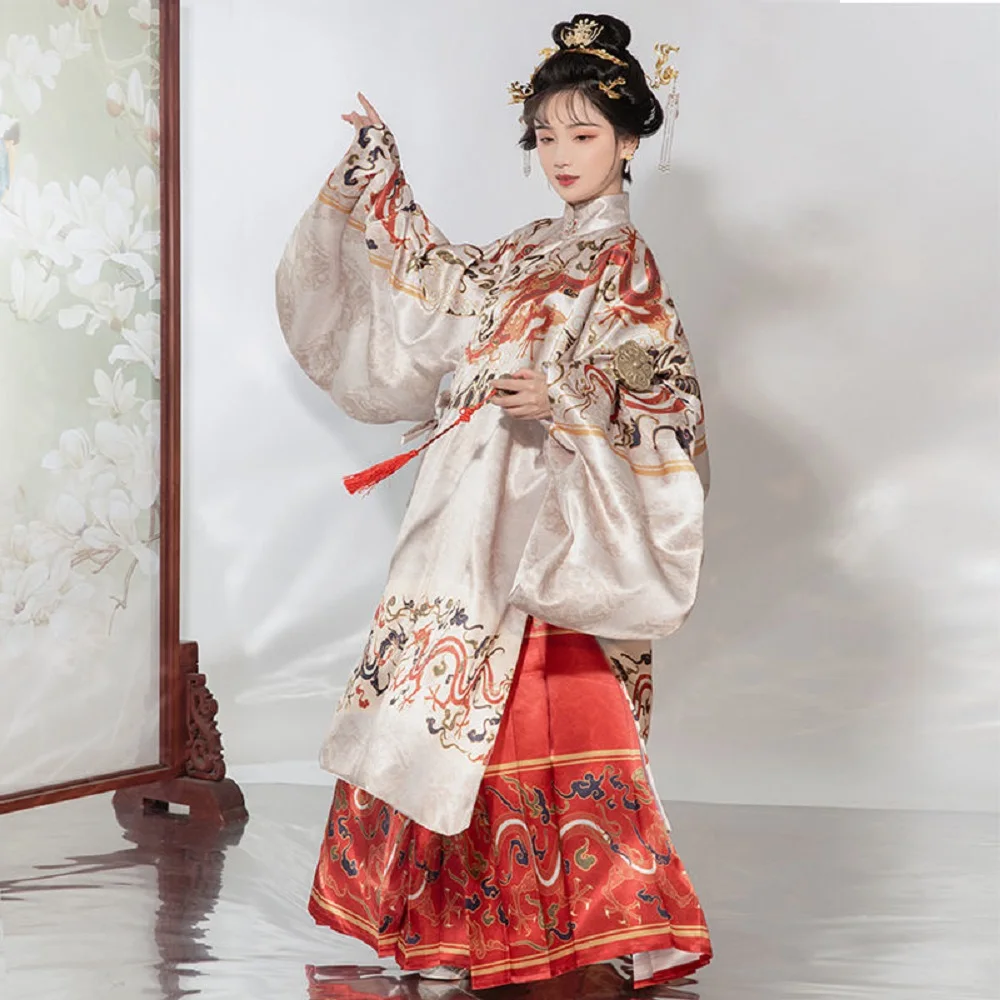 Red female Hanfu traditional Chinese style high quality weaving gold Ming Dynasty O-neck robe horse skirt summer daily clothes