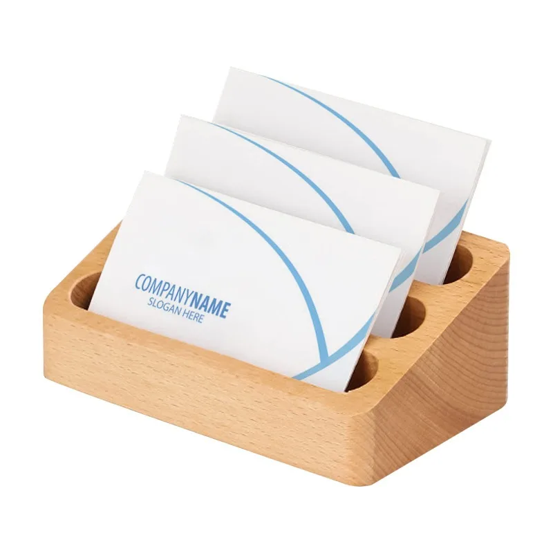 1Pc Tabletop Cards Organizer Solid Wood Desk Organizer 3 Compartment Beechwood Business Card Holder & Name Card Display Stand