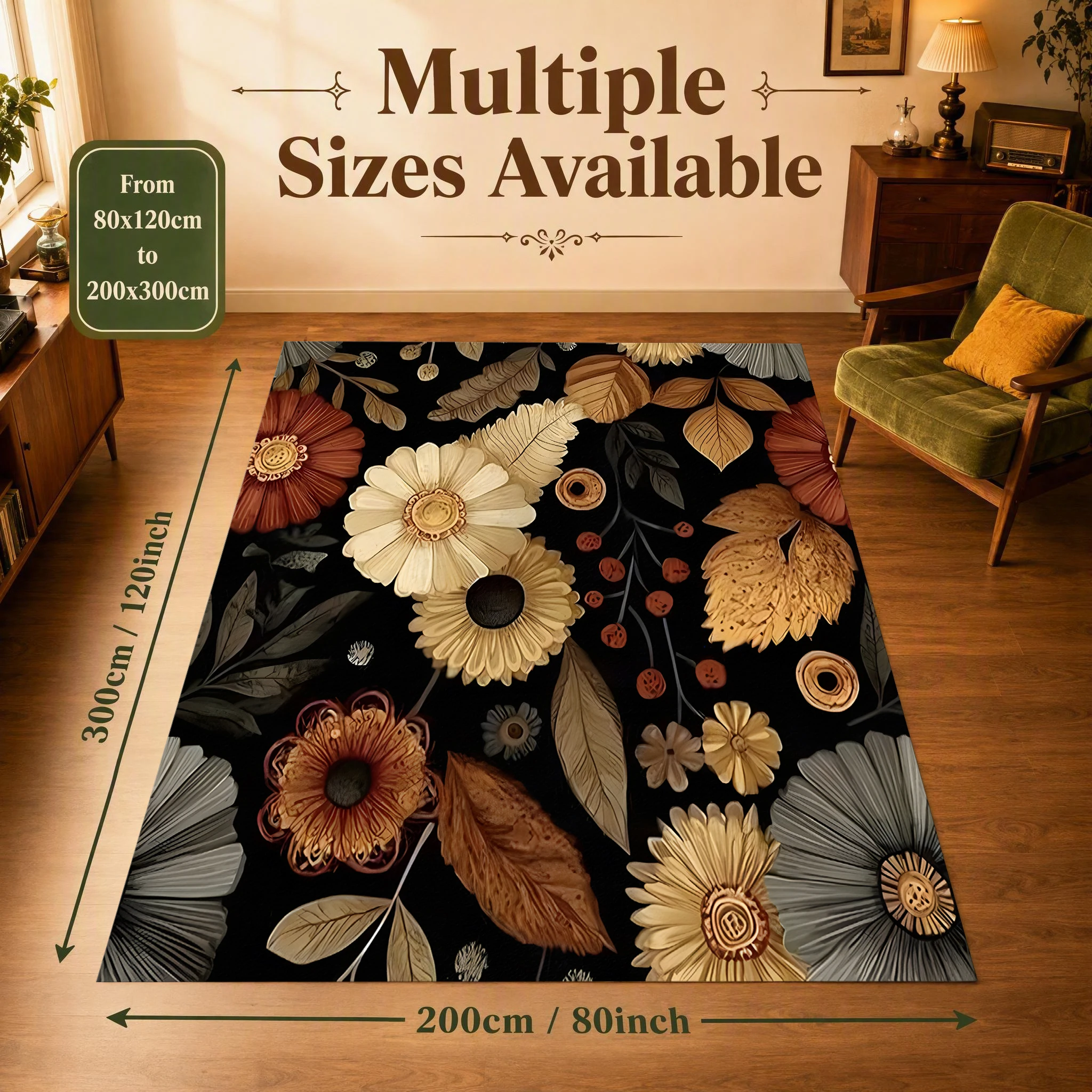 Warm-Toned Autumn Floral and Leaf Vintage-Style Velvet Rug, Perfect for Autumn and Winter, Suitable for Living Room, Bedroom, and Bedside, Creating a Warm and Cozy Autumn Harvest Atmosphere