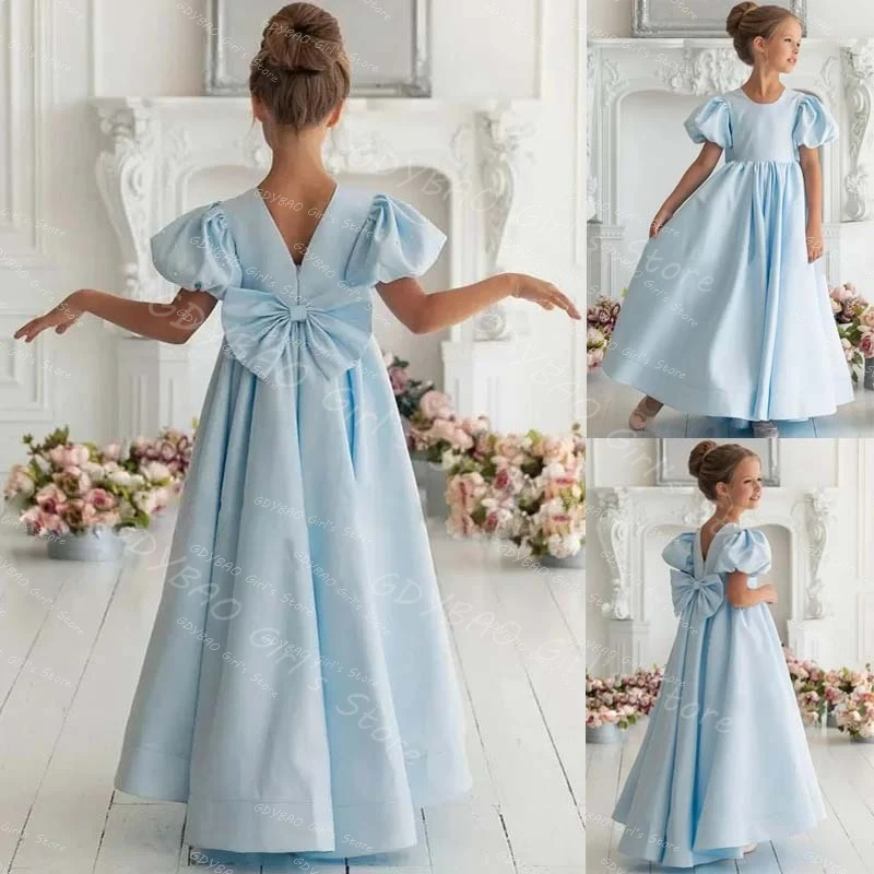 

Sky Blue Wedding Flower Girl Dress Pleated Satin Communion Pageant Frock With Bow Puff Sleeve Customized Kids Birthday Dress