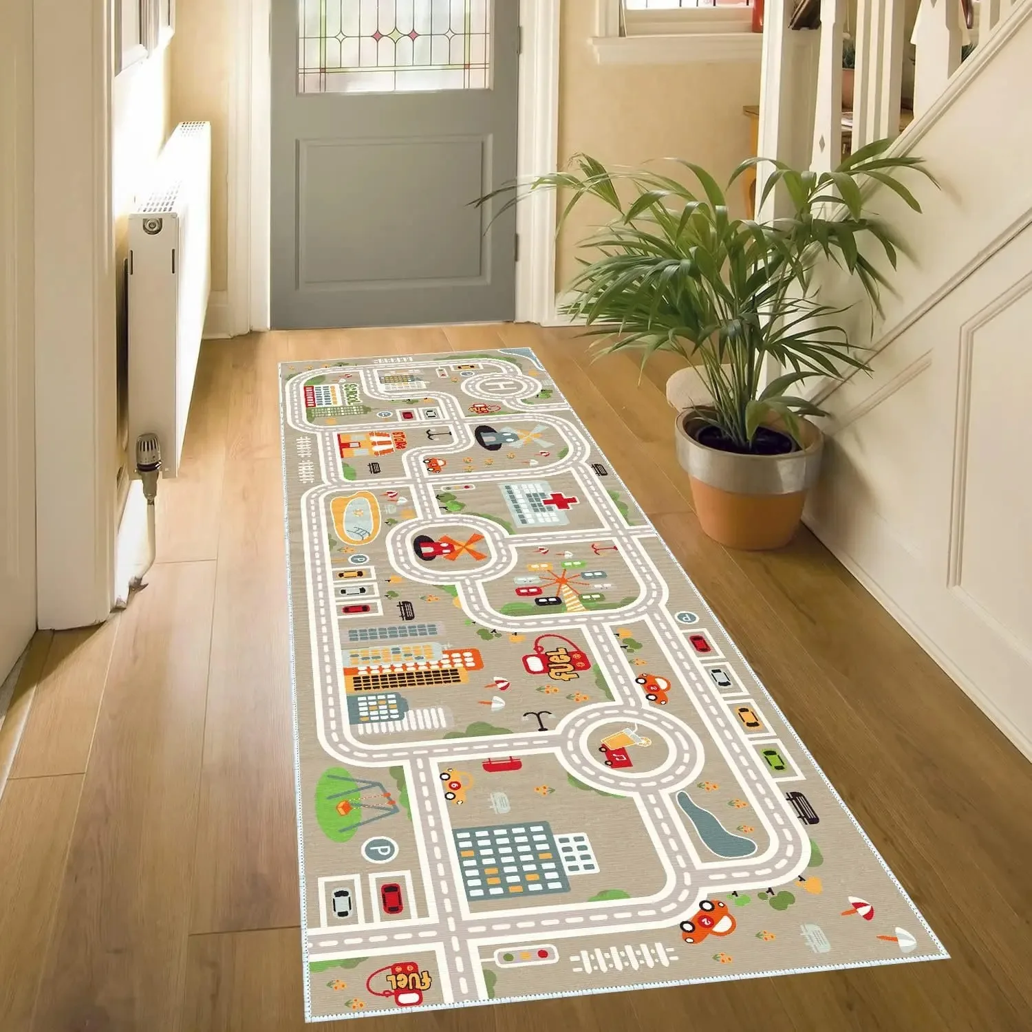City Traffic Play Runner Rug, Car Road Map Educational Floor Mat for  Bedroom, Non-Slip Washable Carpet