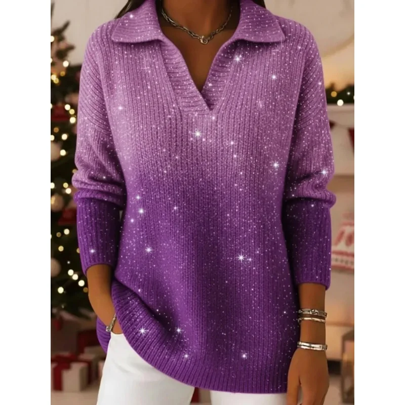 Elegant Gradient Color Gold Thread Fashion Women's Sweater Autumn Winter Long Sleeved Lapel Warm Sweater