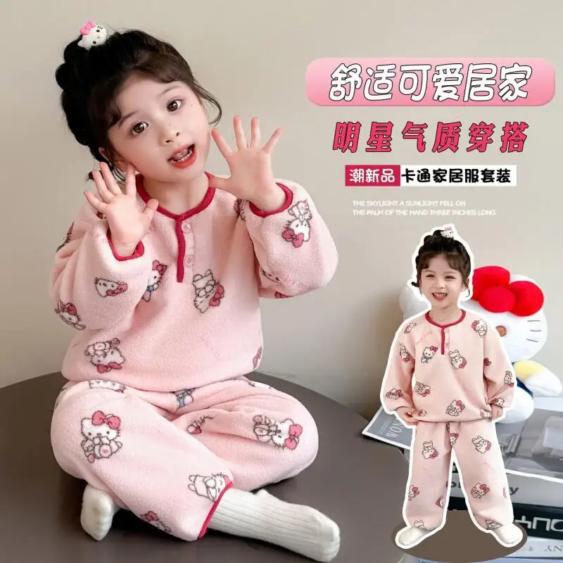 

Детские пижамы Sanrio Hello Kittys, новый стиль, милый полный принт, аниме-фигурка, осень-зима, утепленная домашняя одежда, модный костюм для малышей