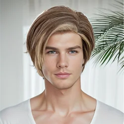 Brown Mix Blonde Wig for Male Synthetic Short Straight Hair Handsome Guy Men Wig Daily Cosplay Costume Party Use Heat Resistant