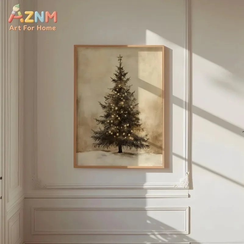 Aged Vintage Christmas Tree Star Lights Pattern Canvas Poster Prints Frameless Wall Art Festive Holiday Cozy Winter Home Decor