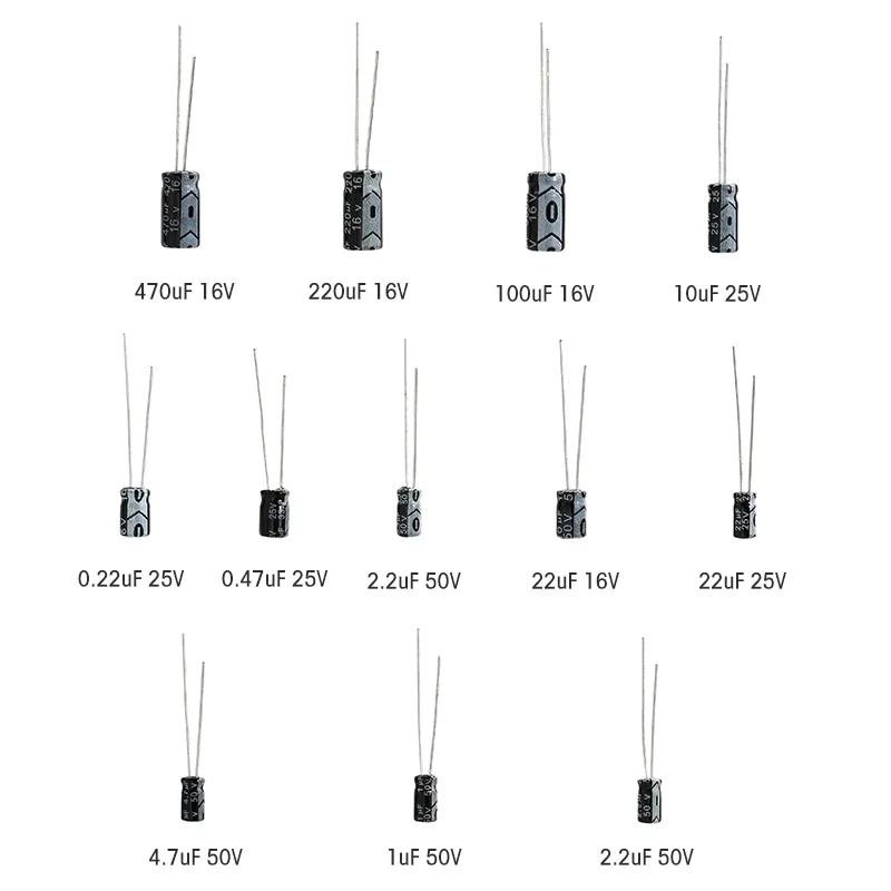 120pcs  Aluminum Electrolytic Capacitors Kit 16V 25V 50V Capacitance 12 Values 1uF-470uF, 0.22uF-470uF DIP Electrolyte Capacitor
