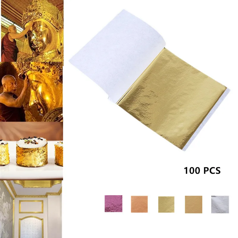 100PCS Real Gold Foil Gilding 24K Gold Leaf Edible Gold Foil Sheets For Cake Decoration Facial Cover Arts Crafts Paper Home