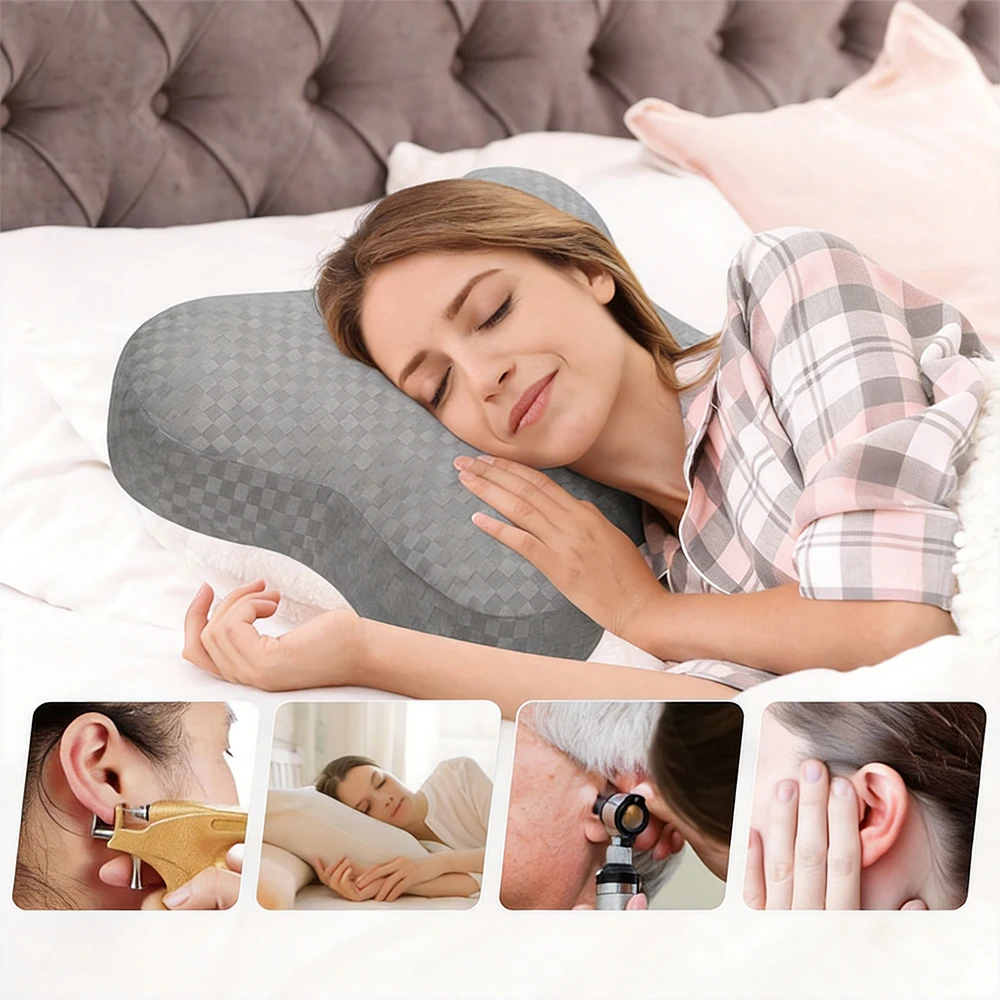 Cuscino bianco a forma di farfalla con foro per le orecchie, regolabile in termini di rigidità, con rivestimento lavabile e design traspirante, ideale per chi dorme su un fianco e per chi ha le