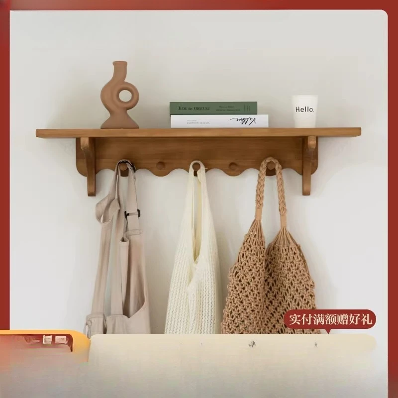 Medieval solid wood hook retro wave wall decorative rack baffle shelf porch bedroom shelf
