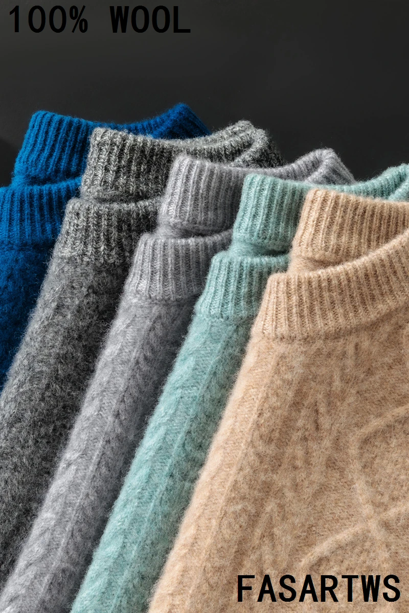 100% suéter de lana australiana, jersey de manga larga con cuello redondo, Otoño Invierno, suéter suave de Jacquard grueso y cálido para hombre, estilo informal