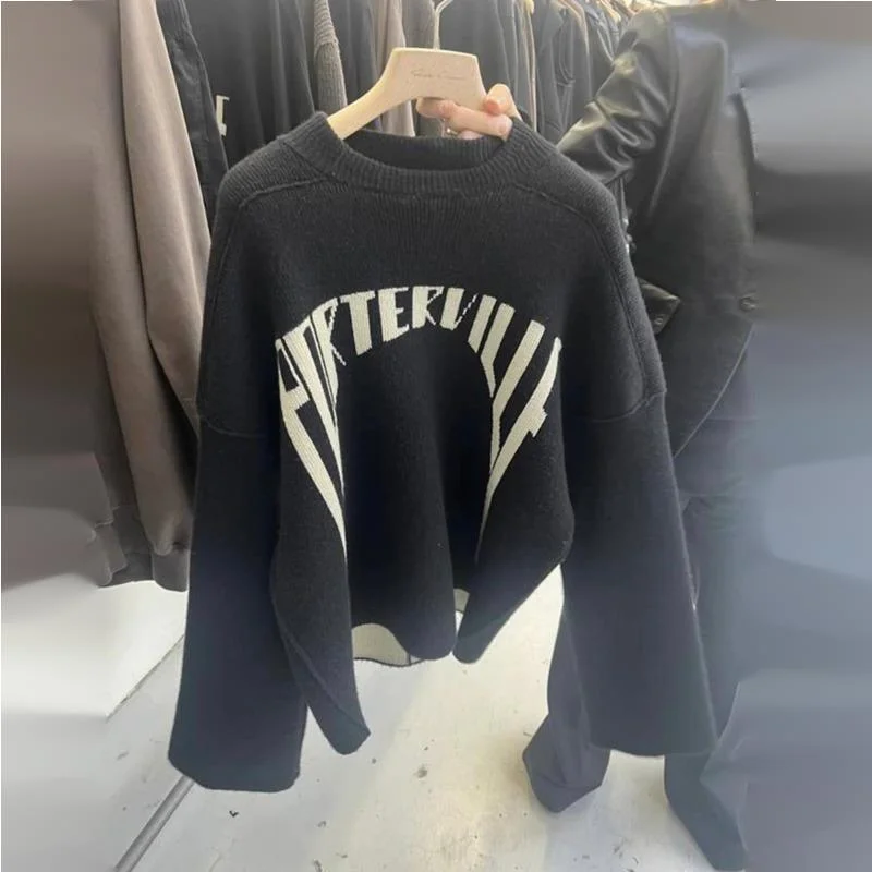 HKSH Spring Autumn Winter Men\'s Tide RO Heavy Niche O-Neck Letter Jacquard Knitted Pullover Silhouette Loose Dark Sweater HK3476