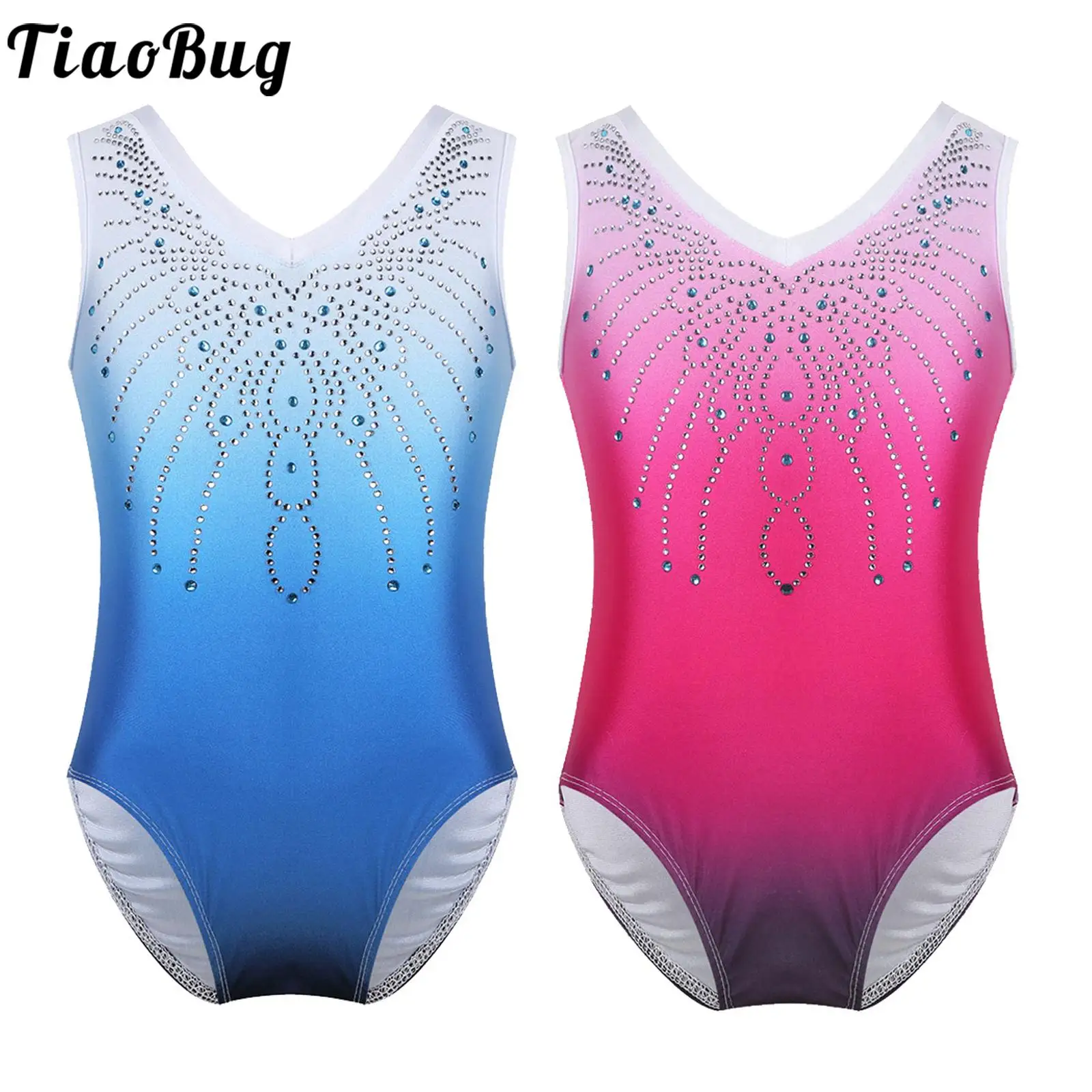 Kids Sleeveless Shiny Rhinestones Sports Workout Unitards Gymnastics Leotards For Girls Ballet Stage Performance Dance Costume
