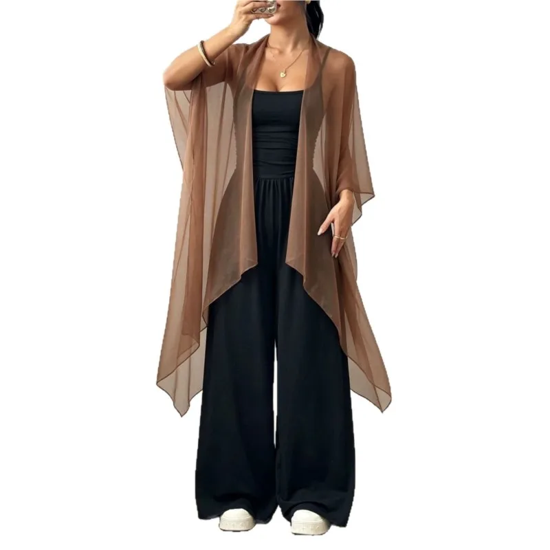 Autumn New Sexy Bandeau One Piece Pants Set Women's Two Piece Set Casual Loose Fitting Wide-leg Pants Plus Shawl Tops Set Female