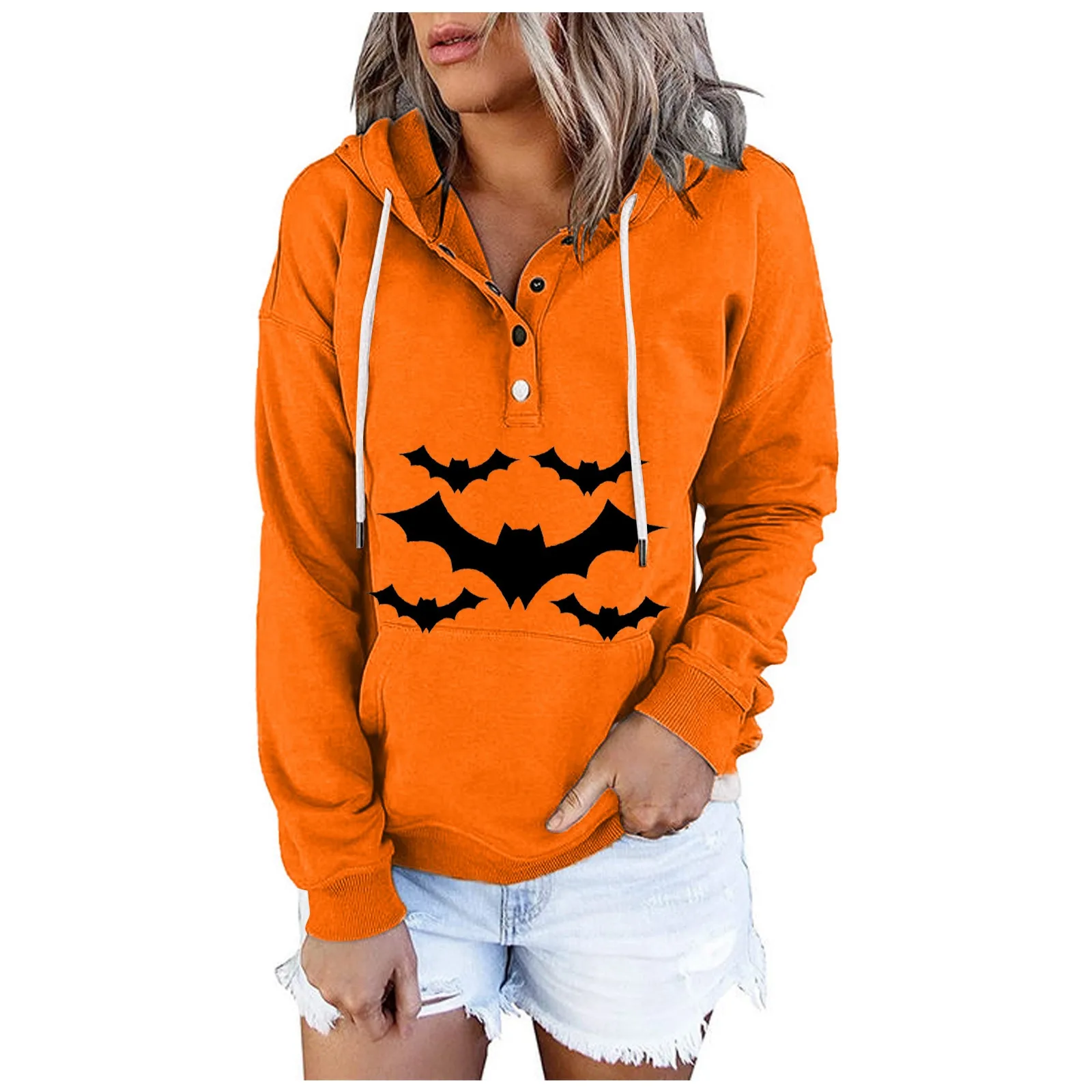 

Solid Color 3D Bat Print Ladies Halloween Hoodie Long Sleeve Button Pocket Drawstring Hoodie Casual Loose Fashion Jumper