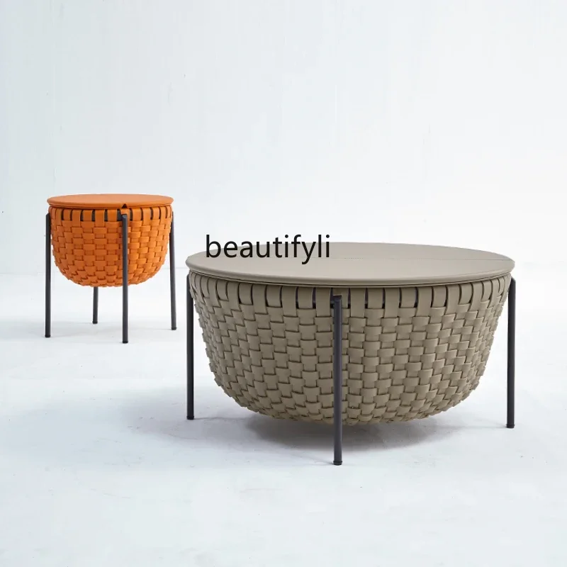 

Italian Minimalist round Tea Table Saddle Leather Hand-Woven round Tea Table Combination Large Capacity Storage