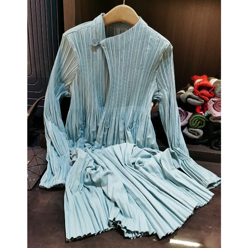 

Japan Pleat Trench Coat Miyake 2026New Women Versatile Simple Casual Loose Single-breasted Medium-length Fold Jacket Plus Size