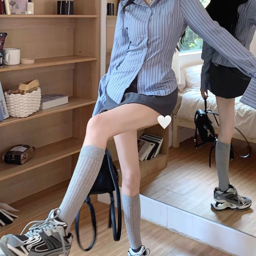 Women Formal Wear Shirts - 클래식 블루 스트라이프 블라우스 슬림핏 긴소매