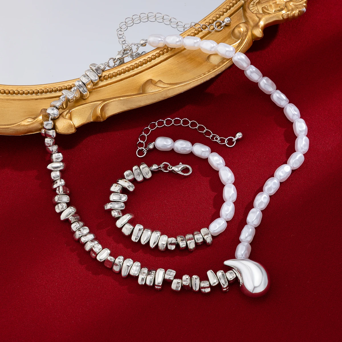 SHIXIN 2Pcs/Set Water Drop Choker Necklace Bracelet for Women Trend Imitation Pearl Clavicle Chain Jewelry Set Neck Accessories