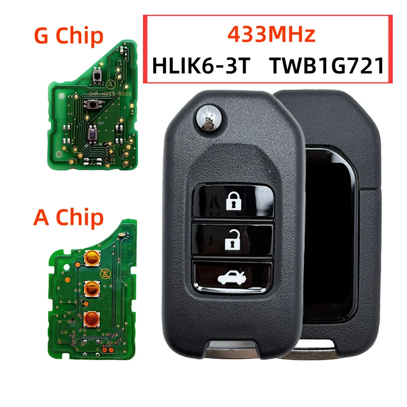 

HLIK6-3T TWB1G721 3 кнопки умный дистанционный флип-брелок 433 МГц ID47 A/G чип для Honda Civic Accord CR-V HR-V Jazz XR-V