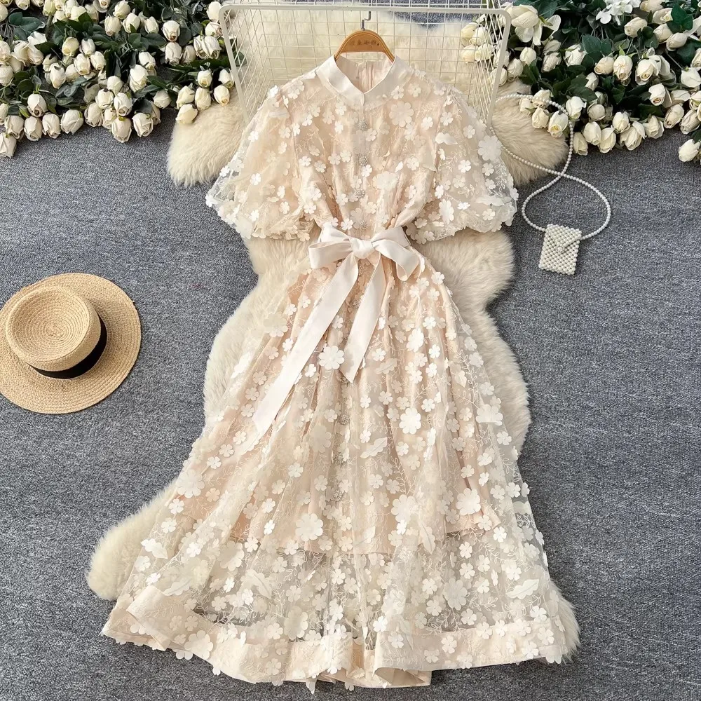 

Luxury 3D Flower Embroidery Tulle Prom Evening Dresses Women Summer Female Bubble Sleeve Button Up Belt Elegant Party Dress