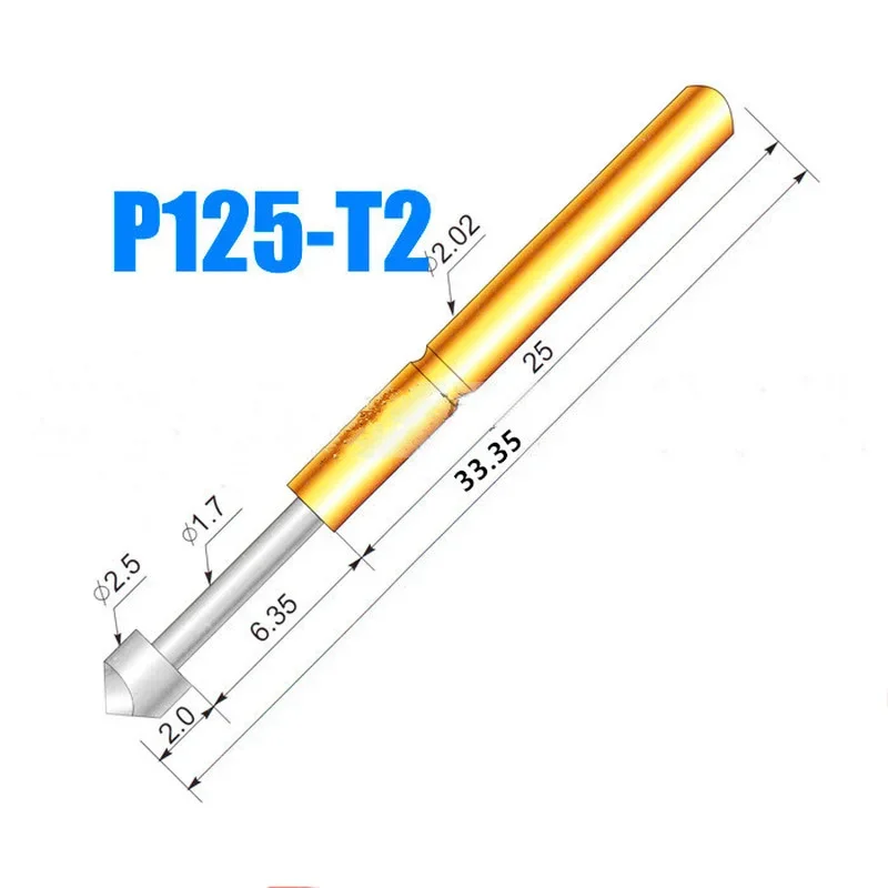 100PCS P125-T2 Diamond Head Spring Test Probe Diameter 2.02mm Needle Length 33.35mm For Circuit Board Testing