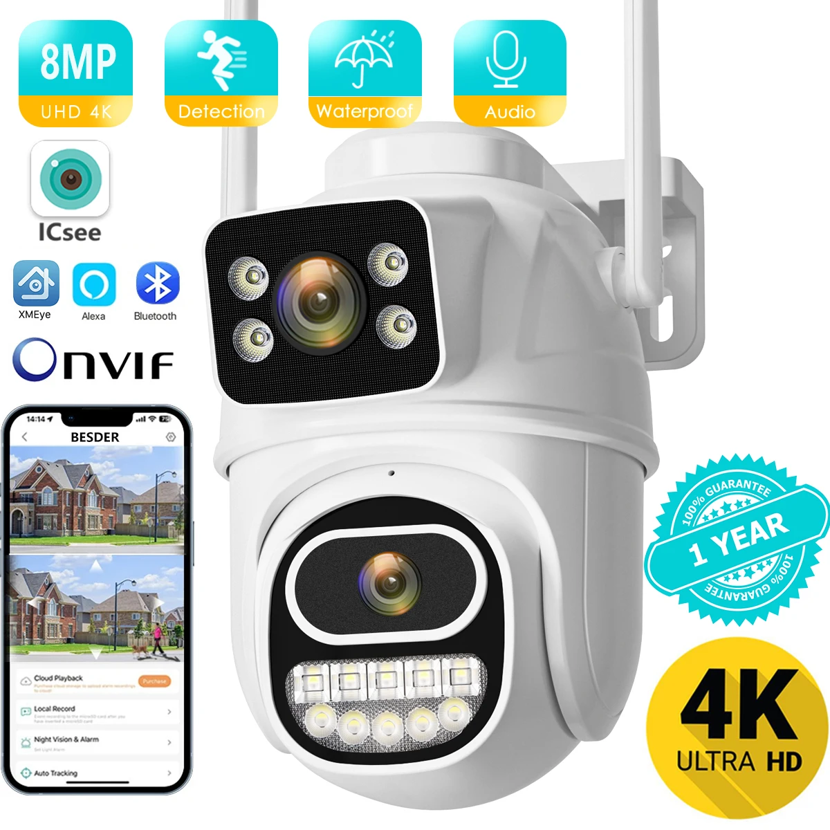 4K 8MP HD Wifi PTZ Camera Outdoor 4MP Dual Lens Dual Screen AI Auto Tracking IP Camera CCTV Audio Video Surveillance P2P iCSee