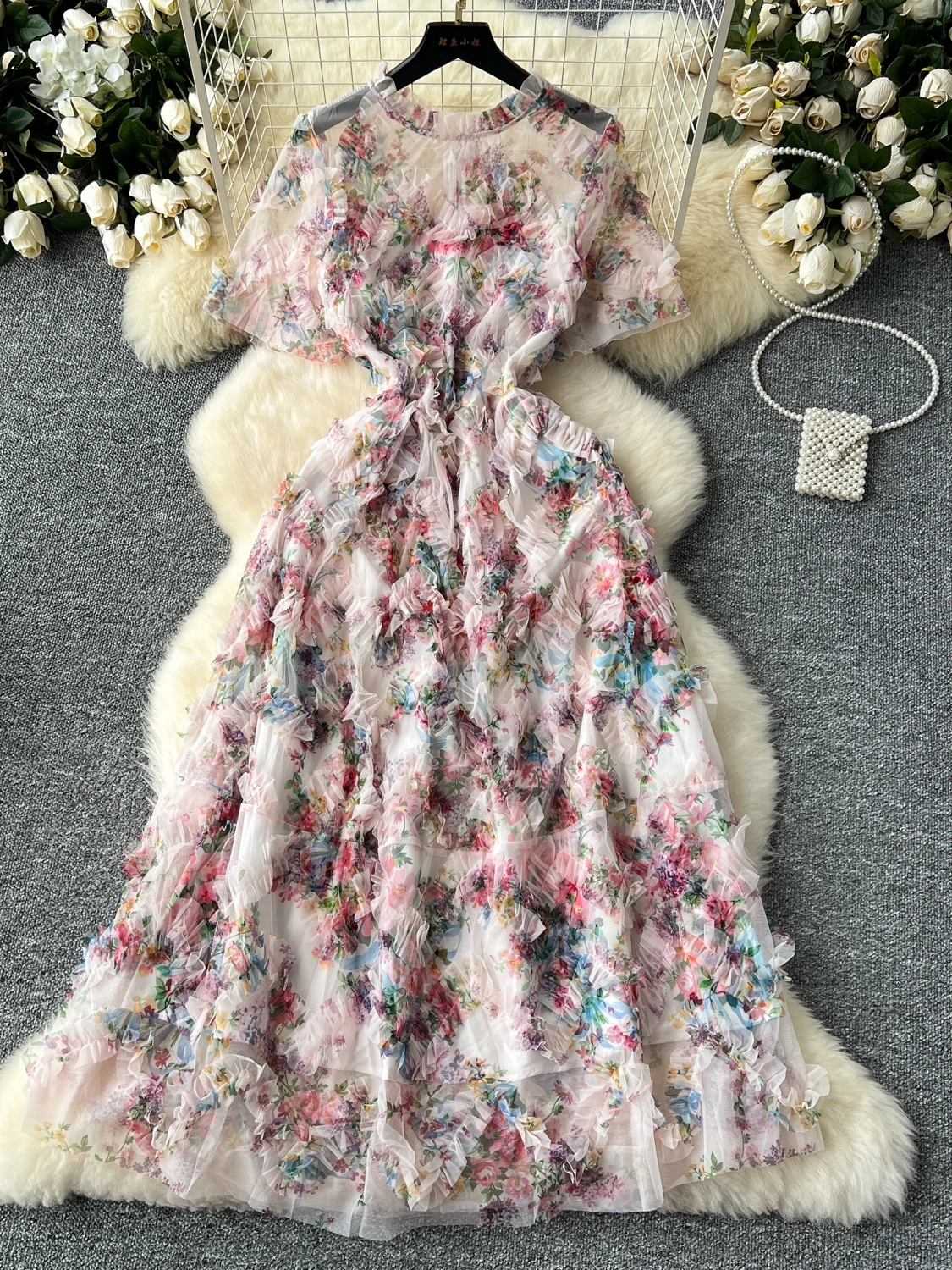 Runway Summer Autumn Holiday Floral Midi Tulle Prom Dress Women Layers Ruffles Cake Dresses Long Party Vestidos Quality