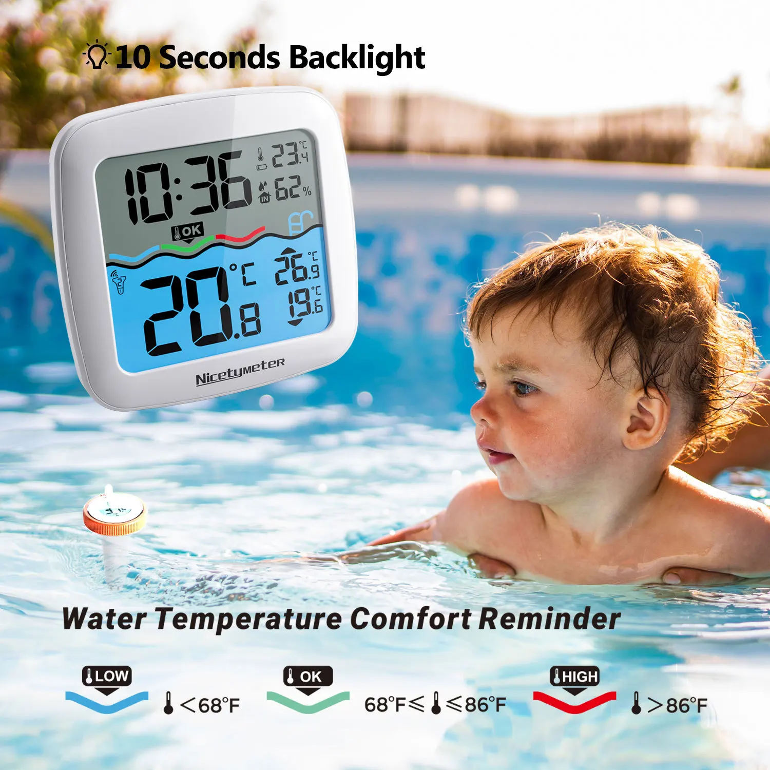 Wireless Digital Pool Thermometer Floating Easy Read, with Indoor Temperature Humidity Monitor for Swimming Pools Hot Tubs Small