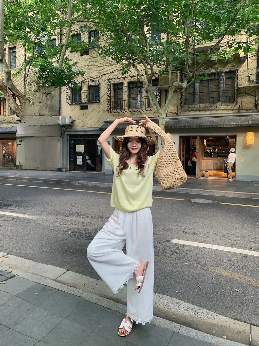 

Ibell Zhang Beibei Lighthearted Casual Pants Silk Hemp Heavy Work Lace Splicing Airy Cooln Air Conditioning Pants