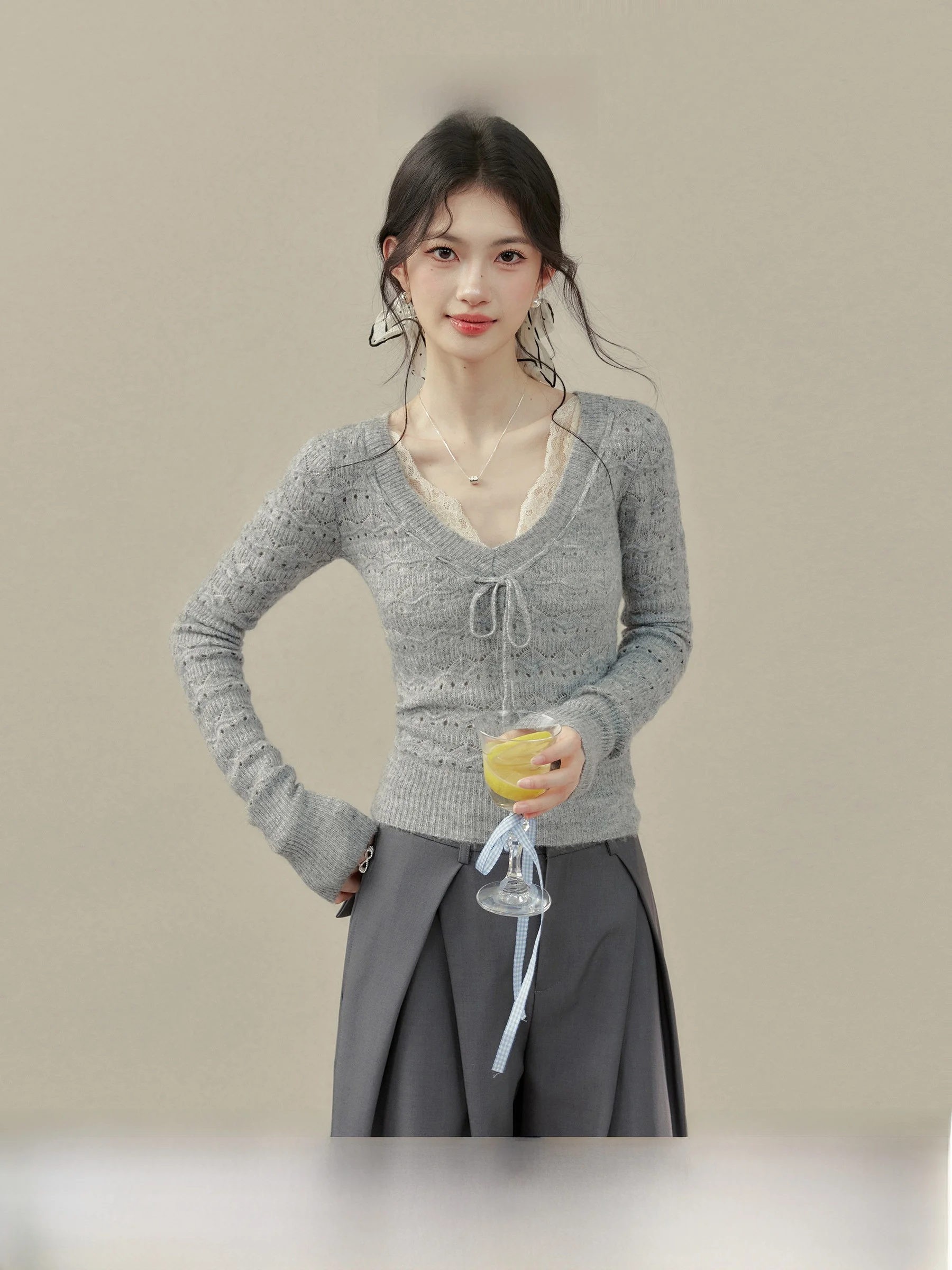 

Вязаный свитер с V-образным вырезом для женщин, весенний, с поясом, дышащий, комфортный, с длинными рукавами, облегающий, для ношения под одеждой