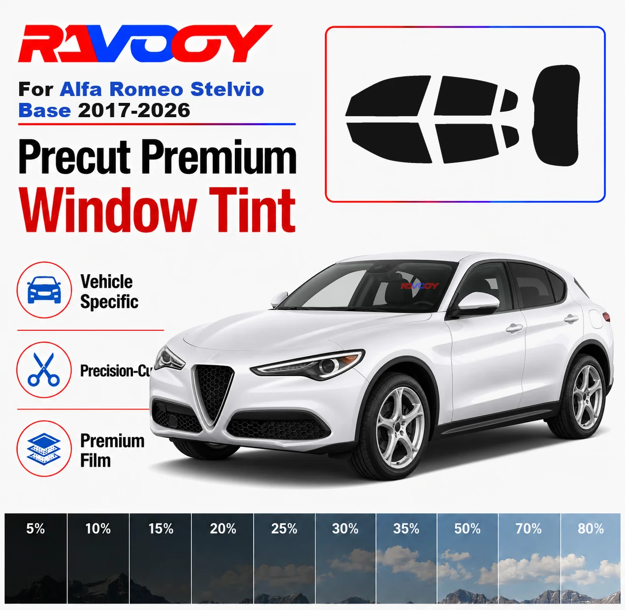 Kit Premium di Pellicole Oscuranti Pretagliate per Finestrini Anteriori e Posteriori per Alfa Romeo Stelvio Base 2017-2026 Set Completo Pellicola Solare Nano Ceramica per Auto