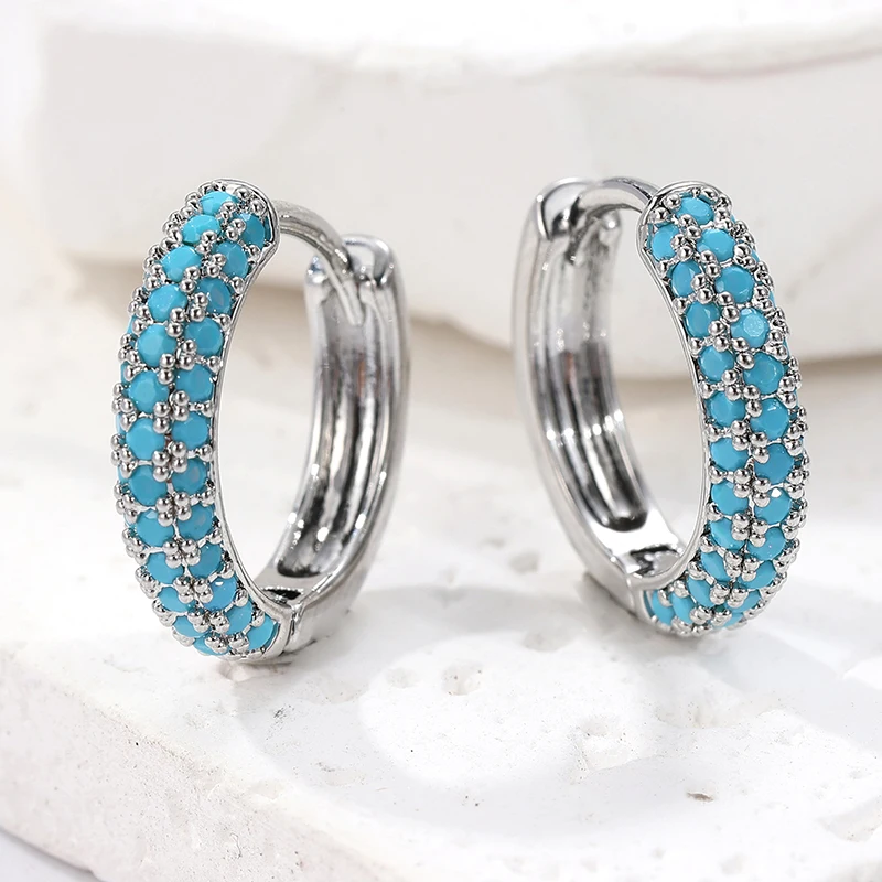 Classic Silver Color Women's Earrings Fashion Inlaid Imitation Turquoise Hoops Earrings Woman Party Jewelry