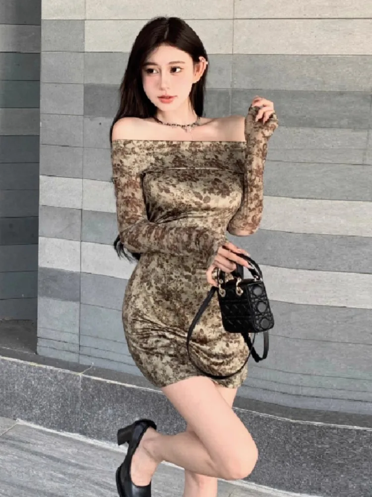 Kimotimo Sexy Tie Dye Print Short Party Dress Women Korean Fashion Boat Neck High Waist Slim Long Sleeve Evening Vestidos Gown