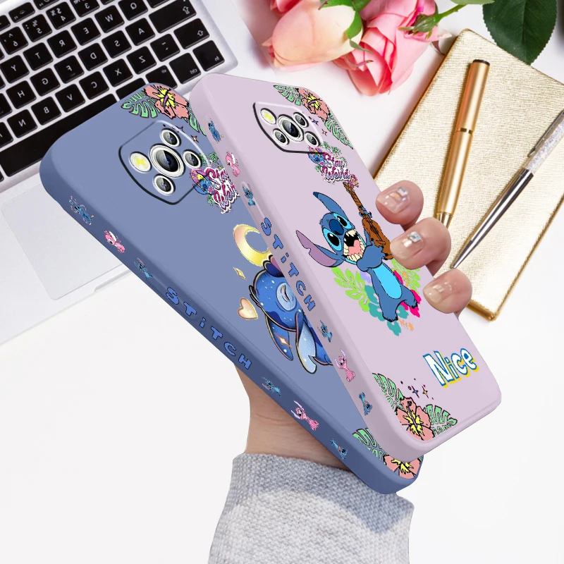 

Disney Stitch Cartoon Cute Liquid Left Rope For Xiaomi Mi Poco X6 X5 X4 X3 M6 M5 M5S M4 M3 F5 F4 F3 Pro 5G Back Phone Case