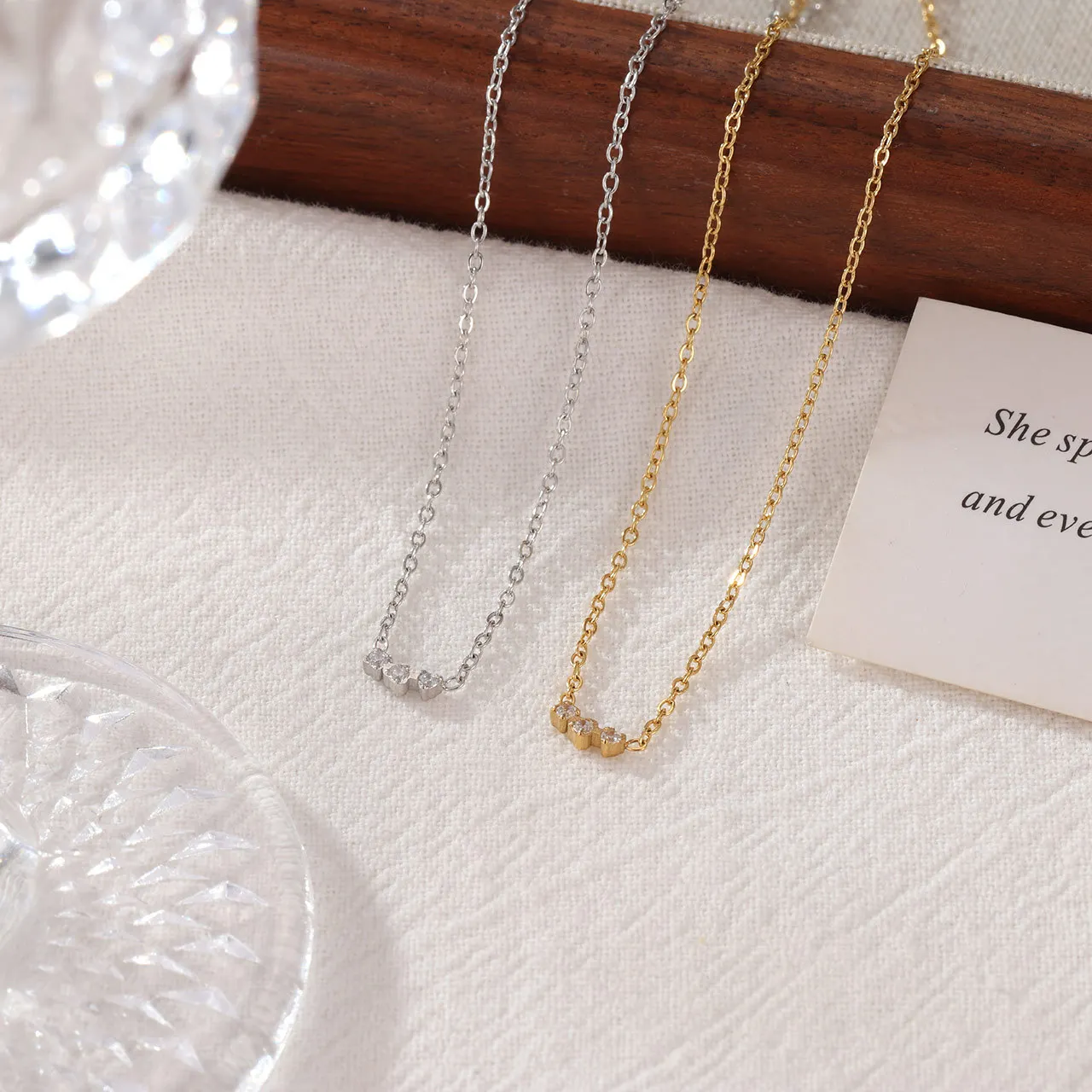 Stainless Steel Three Zircons Gold Color Pendant Necklace Trendy PVD Plated Charm Collar Jewelry Accessories Gift