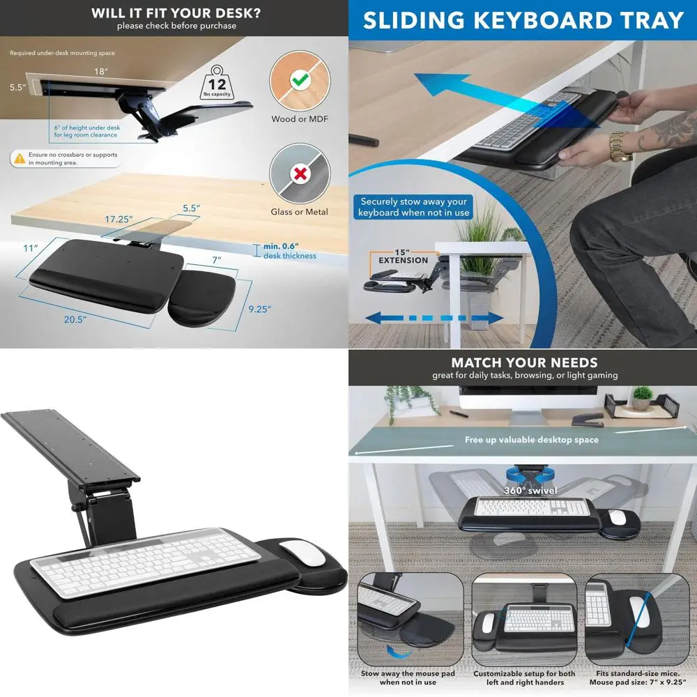 

Adjustable Ergonomic Under Desk Keyboard Tray with Swivel Mouse Pad for Left or Right Handed Use