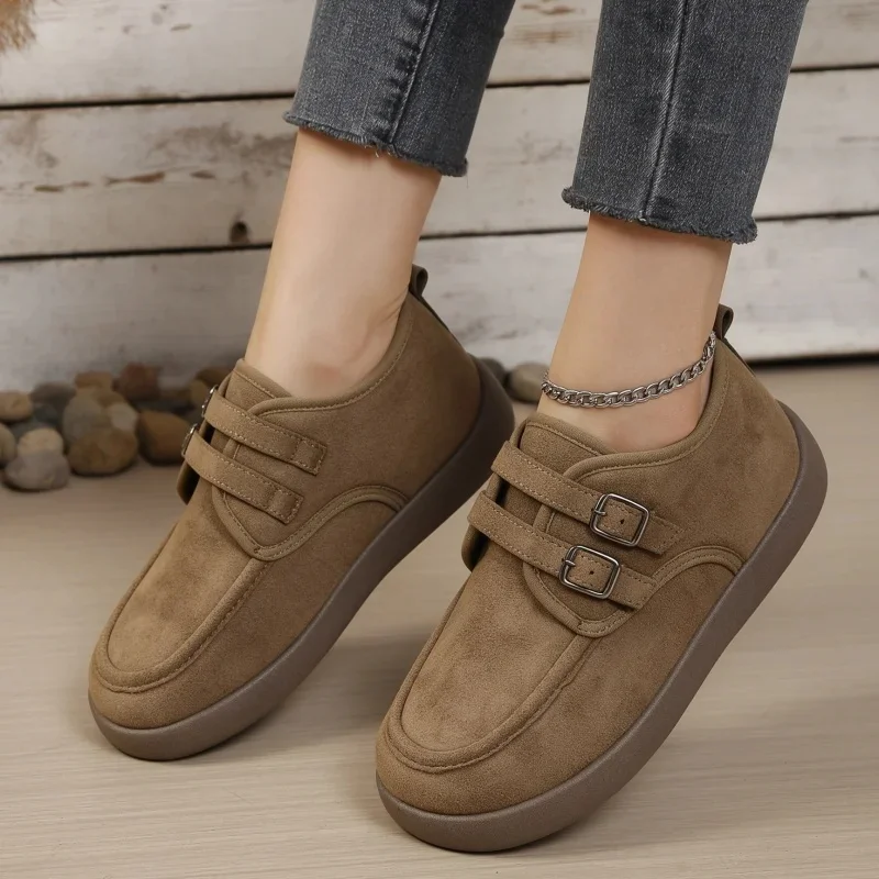 Women's Retro Ankle Casual Boots Double Metal Buckle Loafers Thick Platform Walking Shoes Women's Comfy Winter Daily Ankle Boots