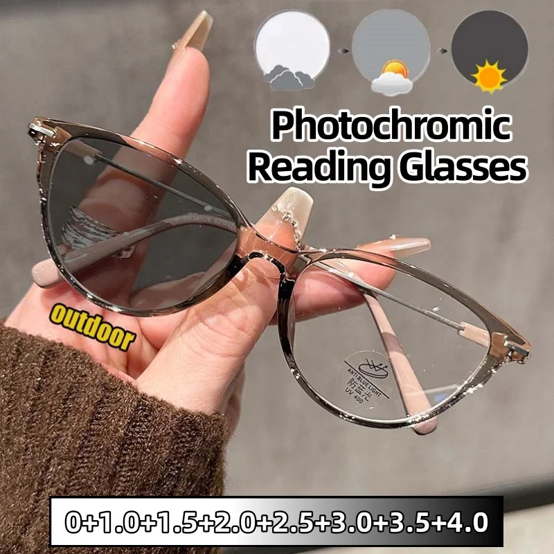 Large Framed Fashionable Simple Cat-eye Photochromic Reading Glasses for Women and Men Anti Blue Light Eyeglasses 0To +4.0