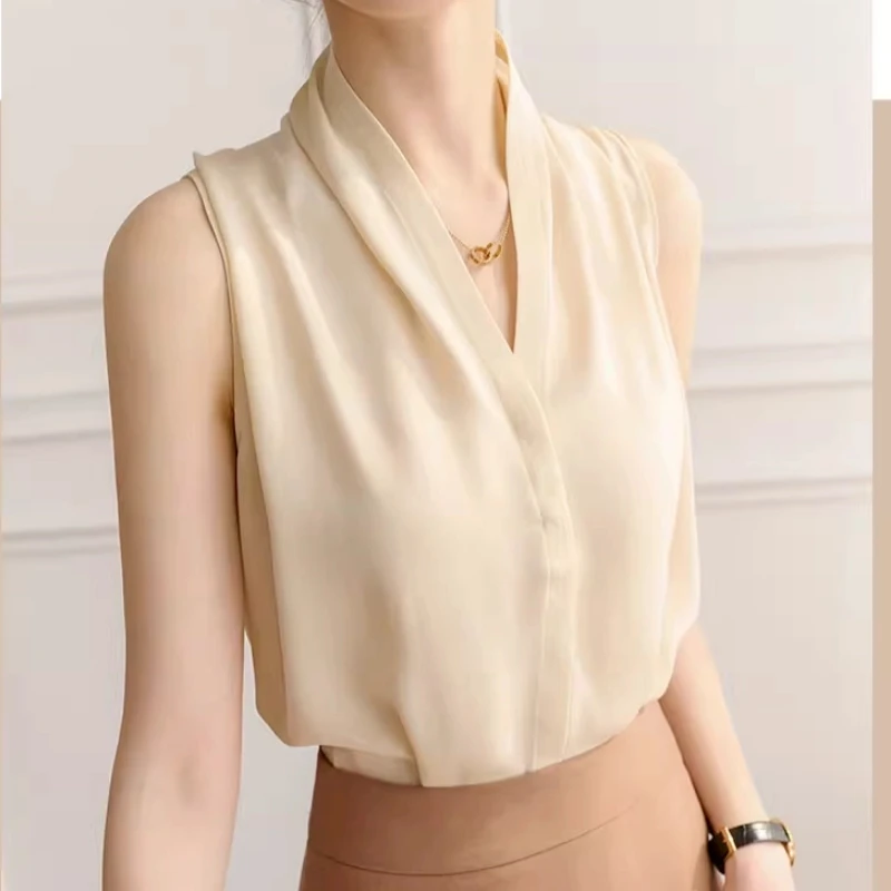 

Sleeveless V Neck Simplicity Elegant Basic Blouse Summer New Solid Thin Temperament Shirt Tops Fashion Vintage Women Clothing