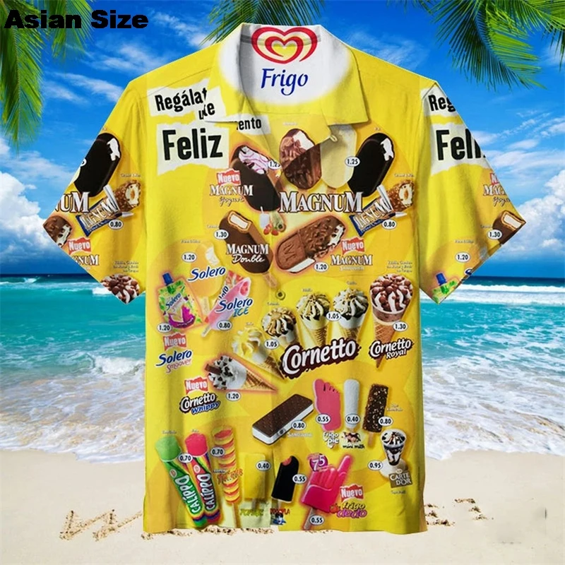 Men Lapel Short Sleeve Shirt Assorted Ice Cream Popsicle Cone Print Loose Beach Vacation Button Tops