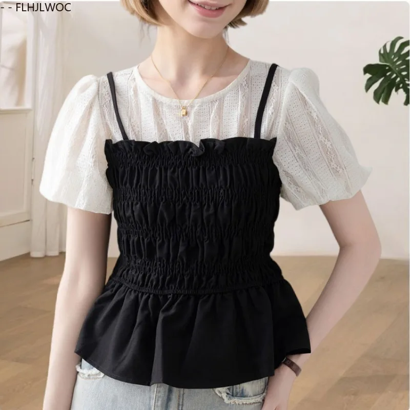 

French-style Fake Two-piece Babydoll Tops New 2025 Cute Sweet Girls Summer Short Sleeve Patchwork Black Peplum Blouses