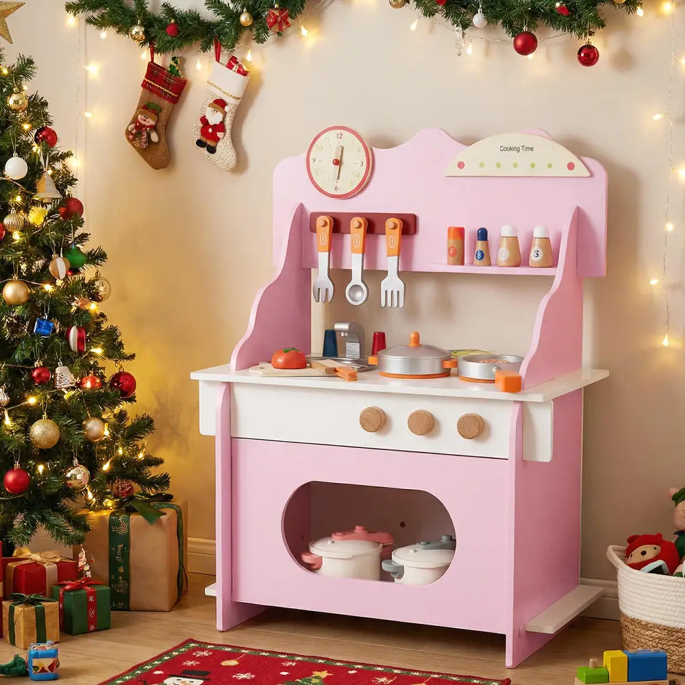 Wooden Play Kitchen For Kids Pretend Play Toy Kitchen Set With Clock Gift For Boys And Girls 3 +Pink