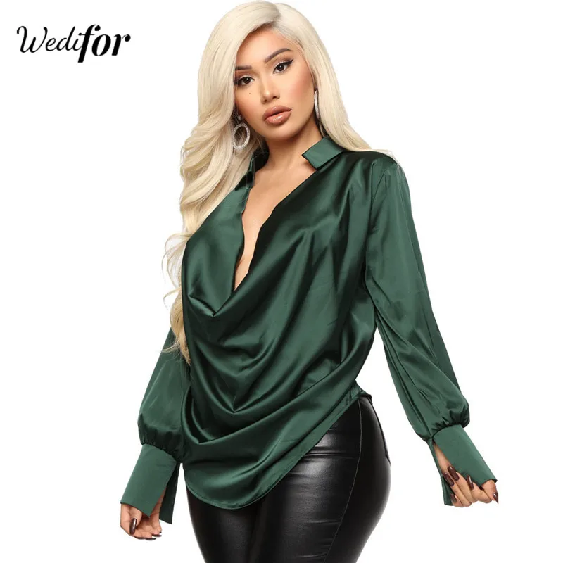 Wedifor Sexy Deep V Neck Long Sleeve Women Shirts Fashion Draped Solid Color Satin Blouse Elegant Fall Winter Ladies Tops