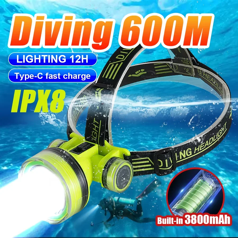 2025 Newest Professional Diving Headlight 600M Diving Flashlight IPX8 Waterproof Rechargeable Underwater Lamps Diving Headlamp