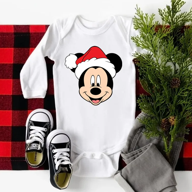جميل عيد الميلاد ميكي ماوس الطفل ارتداءها طويلة الأكمام القطن الأبيض الخريف الملابس الوليد بذلة