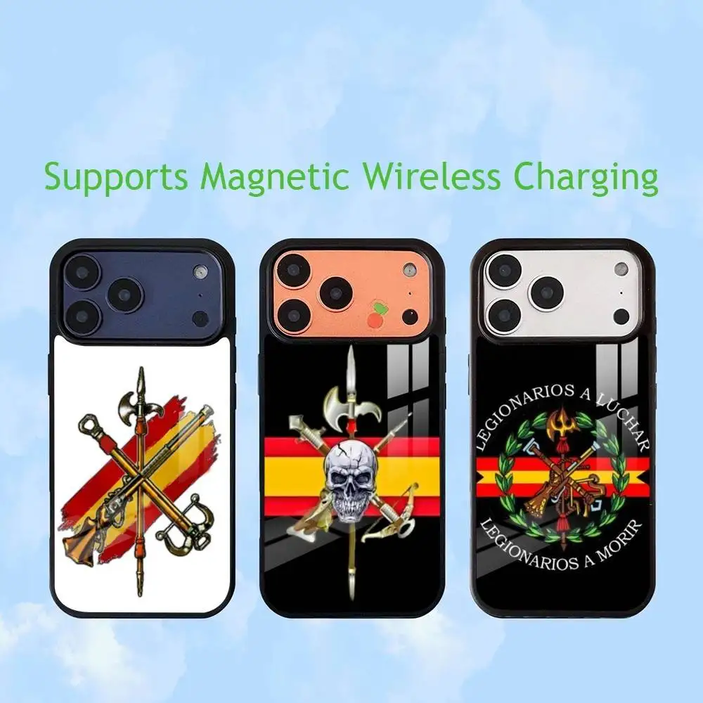 Spanish Legion Logo Luxury Glass Phone Case For iPhone17,16,15,14,13,12,11 Plus,Pro Allows magnetic wireless charging