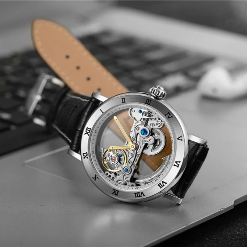 Forsining 208S หรูหรานาฬิกากลไกอัตโนมัติผู้ชายโปร่งใส Steampunk หนังกันน้ําชายแฟชั่นนาฬิกาลําลอง