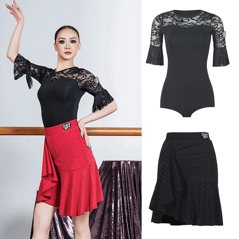 

Костюмы для бальных танцев для взрослых, черные топы с короткими рукавами, латинские топы с рюшами, женские юбки, костюм для соревнований по латиноамериканским танцам в стиле румба SL15523